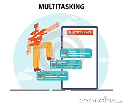 Multitasking. Effective and competent male office worker managing Cartoon Illustration