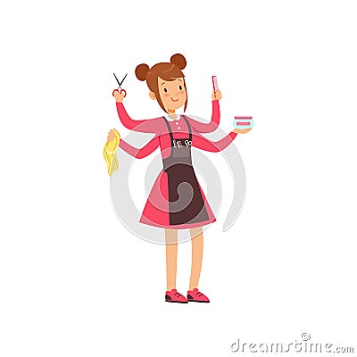 Multitasking female hairdresser character, young woman with many hands and hairdressers tools vector Illustration on a Vector Illustration