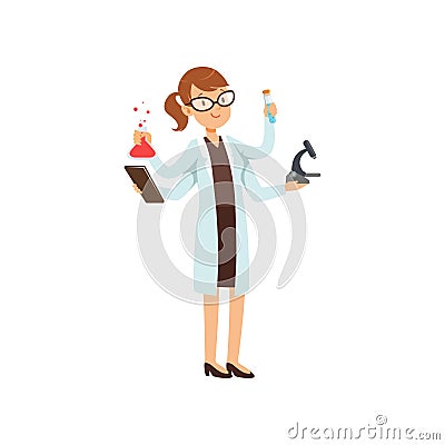 Multitasking girl chemist character, female scientist in white coat with many hands holding test flasks and microscope Vector Illustration