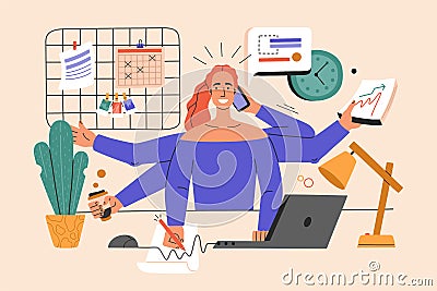 Multitasking girl performs many tasks at the same time Vector Illustration