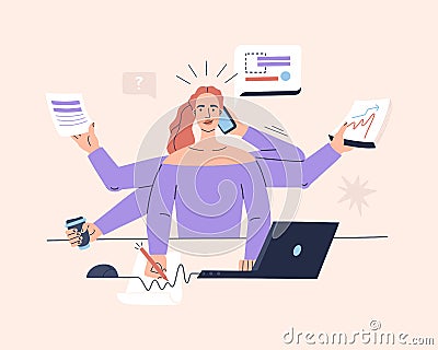 Multitasking girl performs many tasks at the same time. Workplace at home for a freelancer Vector Illustration