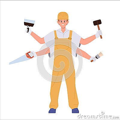 Multitasking handyman cartoon character having lots of arms with different tools isolated on white Vector Illustration