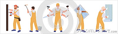 Multitasking handyman cartoon character wearing work overalls uniform isolated set on white Vector Illustration