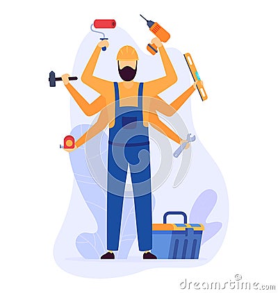 Multitasking handyman with tools, showing skills. Skilled worker juggling with equipment, efficiency Stock Photo