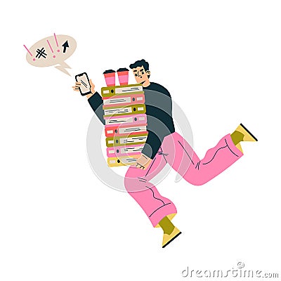 Multitasking Man Character Doing Multiple Task Carry Pile of Folder with Coffee Vector Illustration Vector Illustration