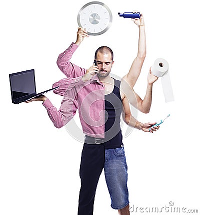 Multitasking man with multiple arms. Stock Photo