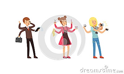 Multitasking People Collection, Businessman, Hairdresser, Photographer Characters with Many Hands Cartoon Style Vector Vector Illustration