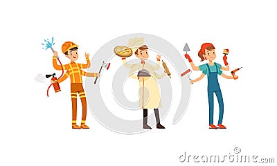 Multitasking People Collection, Firefighter, Chef Cook, Painter Characters with Many Hands Cartoon Style Vector Vector Illustration