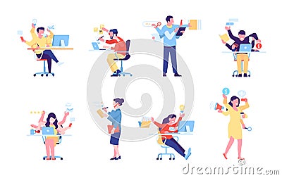 Multitasking people. Office employees with multiple hands and productive business professionals set Vector Illustration
