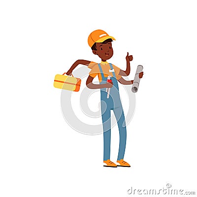 Multitasking plumber character, african american boy in uniform many hands holding wrench and tool box vector Vector Illustration