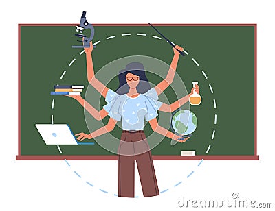 Multitasking schoolteacher standing at blackboard. Woman with many hands hold laptop, globe and books, microscope and Vector Illustration