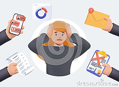 Multitasking Stressed Business Woman in Office Work Place 3D vector. Vector illustration. Employees overloaded business Vector Illustration