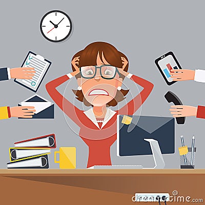 Multitasking Stressed Business Woman in Office Work Place. Vector Illustration