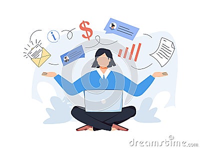Multitasking Stressed Business Woman in Office Work Place. Vector illustration. Productive master, productivity Vector Illustration