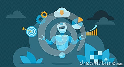 Multitasking support of chat bot, artificial services for customers with busy robot Vector Illustration