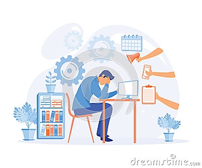 Multitasking and Time Management Concept. Businessman surrounded by hands with office things Vector Illustration