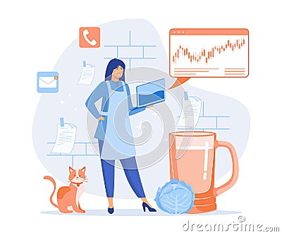 Multitasking housewife manages time between family and business career. Vector Illustration