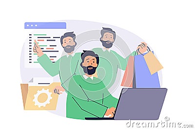 Multitasking web concept with flat cartoon people for website design. Man doing work tasks and organisation routines in Vector Illustration