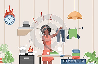 Multitasking woman cooking, ironing clothes and speaking at phone vector flat illustration. Busy woman doing domestic Vector Illustration