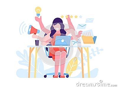 Multitasking woman. Successful business woman performing multiple tasks productive, work efficiency, workaholic Vector Illustration