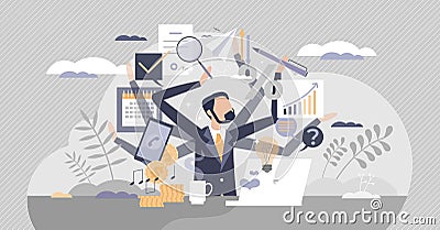 Multitasking work as combine many job duties and tasks tiny person concept Vector Illustration