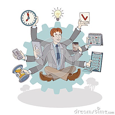 Multitasking worker performing different tasks in the same time Vector Illustration