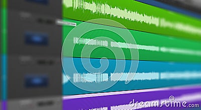 Multitrack of sound audio wave on Monitor. DAW Music Production. Stock Photo