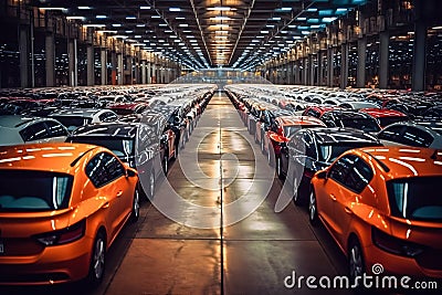 Multitude of Cars Stored in Warehouse Parking Lot of Auto Plant - Generative AI Cartoon Illustration