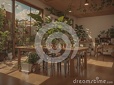 The multitude of potted plants, with their verdant foliage and varied shapes, bring an element of nature in room with soft light Stock Photo