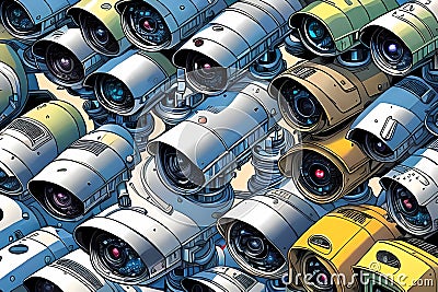Multitude of security cameras Cartoon Illustration