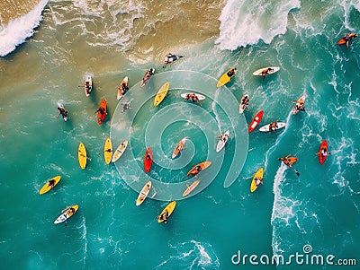 multitude of surfers in the sea seen from above, aerial image of the sea with colored surf in the waves, holidays, created with ai Stock Photo