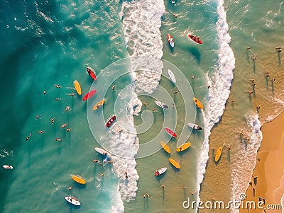 multitude of surfers in the sea seen from above, aerial image of the sea with colored surf in the waves, holidays, created with ai Stock Photo