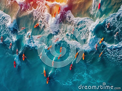 multitude of surfers in the sea seen from above, aerial image of the sea with colored surf in the waves, holidays, created with ai Stock Photo