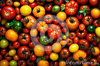 A multitude of tomatoes, varying in size and color, form the scenery. Generative AI Stock Photo