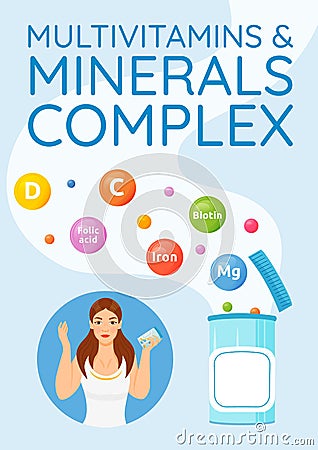 Multivitamins and minerals complex poster flat vector template Vector Illustration