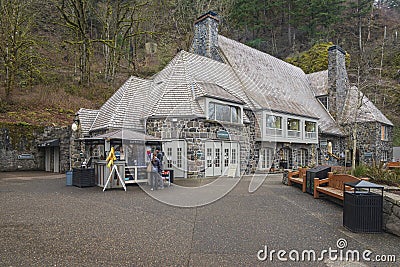 Multnomah Falls lodge building and services Oregon. Editorial Stock Photo