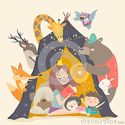 Mum and her kids reading book in a tepee tent Vector Illustration