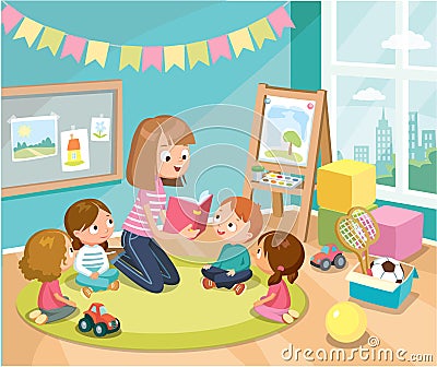 Mum nurse teacher reading book to children kids pupils in a kindergarden classroom. Vector Illustration