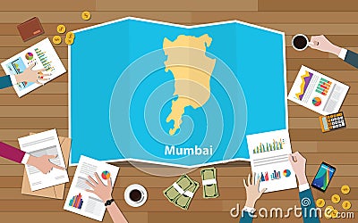 Mumbai bombay india city region economy growth with team discuss on fold maps view from top Cartoon Illustration