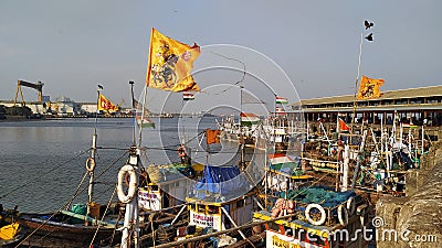 Indian fishing boats docked near the sea shore. Editorial Stock Photo