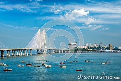 Bandra - Worli Sea Link bridge with fishing boats view from Bandra fort. Mumbai, India Stock Photo