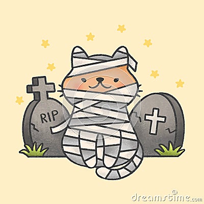 Mummy cat costume sitting in front of tombstones Stock Photo