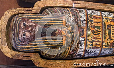 Mummy coffin from the ancient Egypt. Mummy in a casket. Egyptian sarcophagus. Editorial Stock Photo