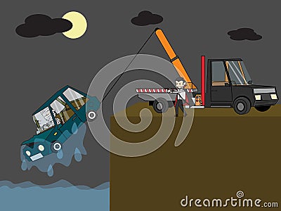 Mummy driving a car falling the water. Vector Illustration