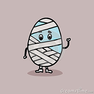 Mummy egg in bandage. Funny comic Easter character of a broken egg. Vector Illustration