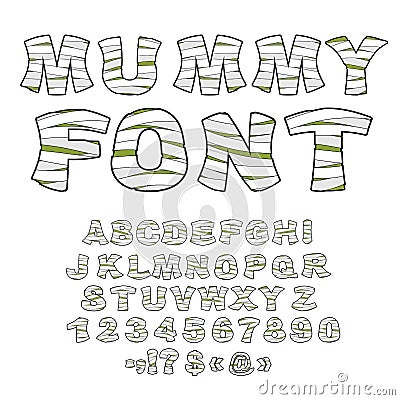 Mummy font. Alphabet in bandages. Monster zombie Letters of Lat Vector Illustration