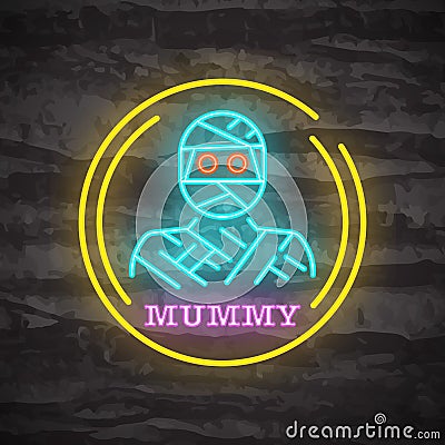 Mummy halloween night neon logo Stock Photo