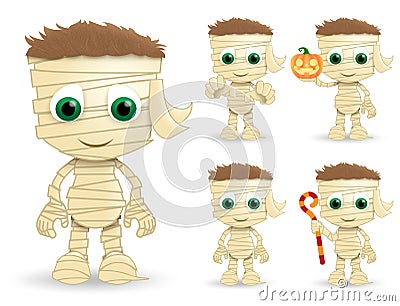 Mummy halloween vector characters set. Mummys character creature wearing halloween costume. Vector Illustration