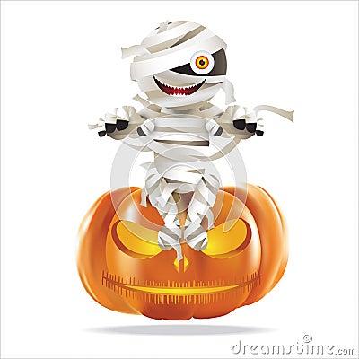 Mummy sitting on halloween pumpkin Vector Illustration