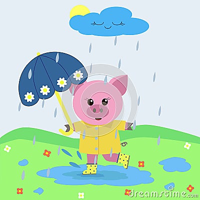 Mumps in the rain with an umbrella. Vector Illustration